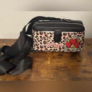 Ed Hardy Crossbody Bag with Leopard and Heart Design